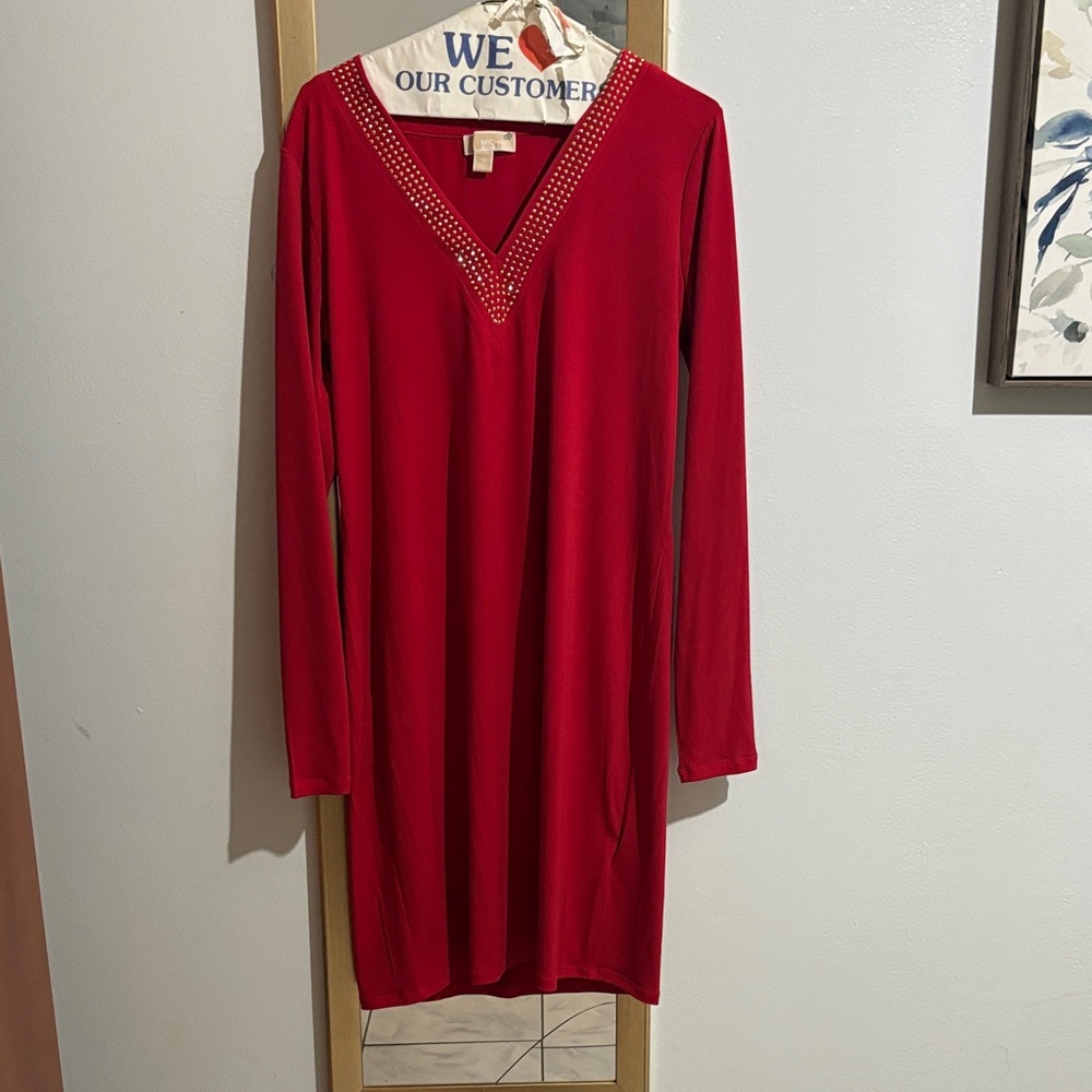 Michael Kors Red Long Sleeve V-Neck Dress with Stud Trim